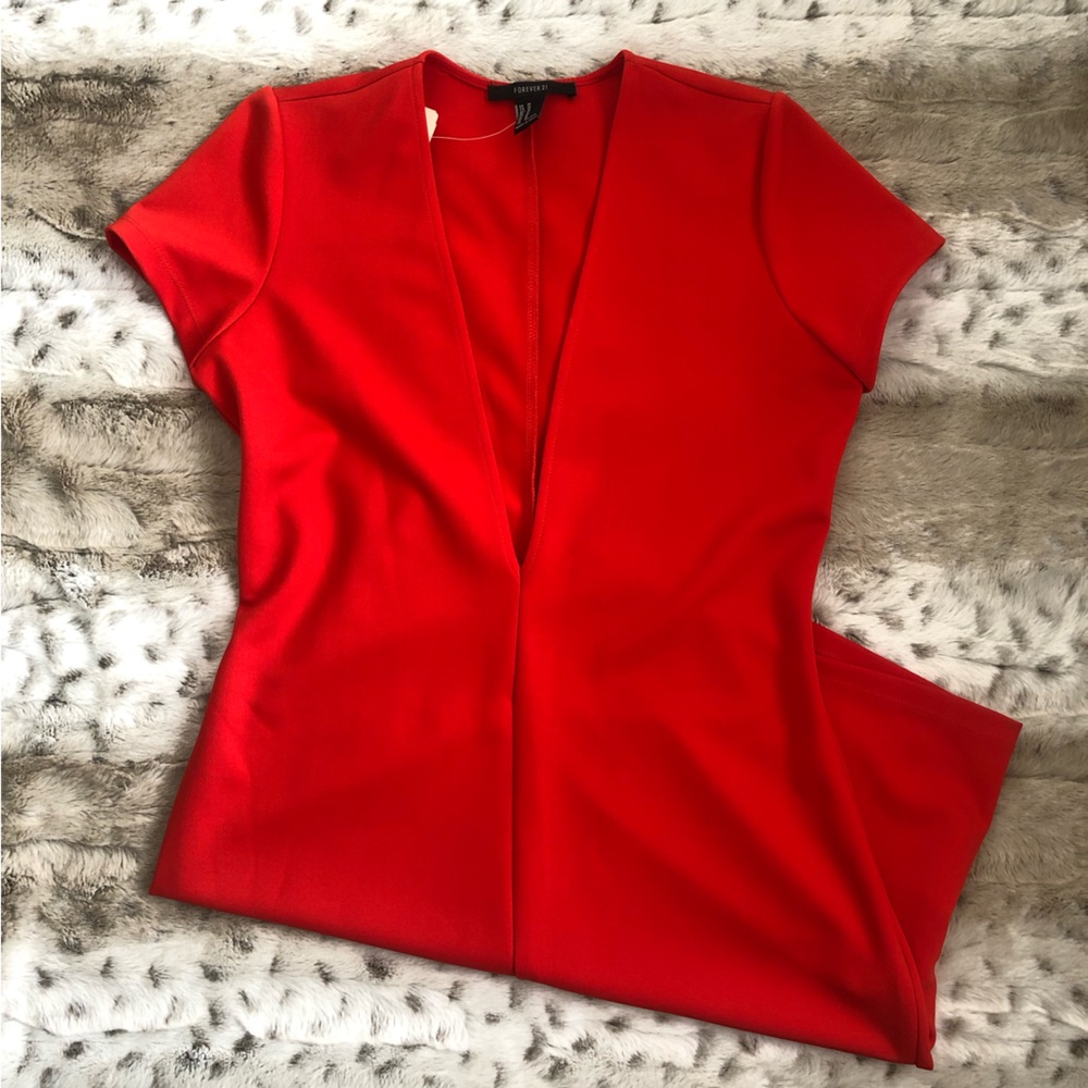 Women Junior FOREVER 21 Red Orange Surplus Deep V Short Dress Medium